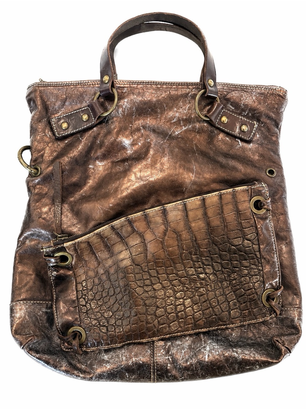 Marco Buggiani Metallic Leather Tote Bag Made in Italy Croc Y2K Moto Oversized